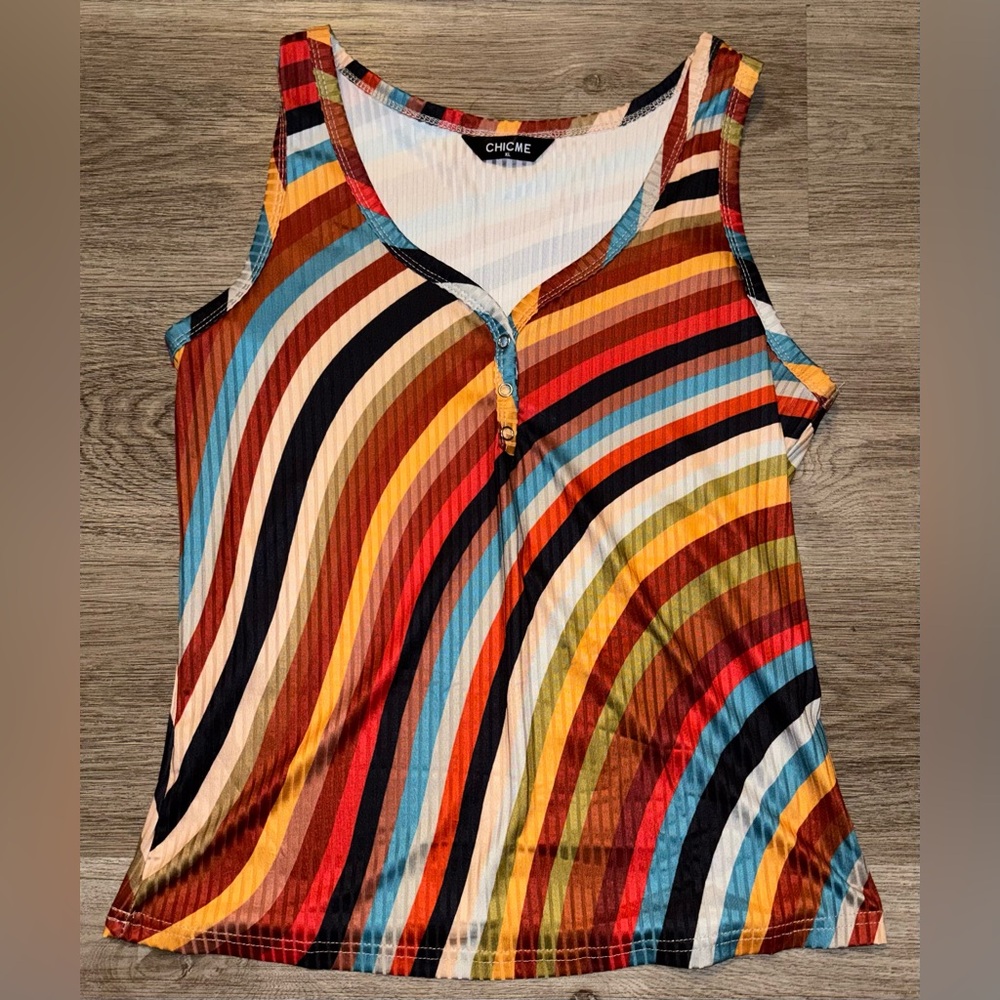 chic Multicolor Curved Stripe V-Neck Tank — Red, Blue, Yellow, Black